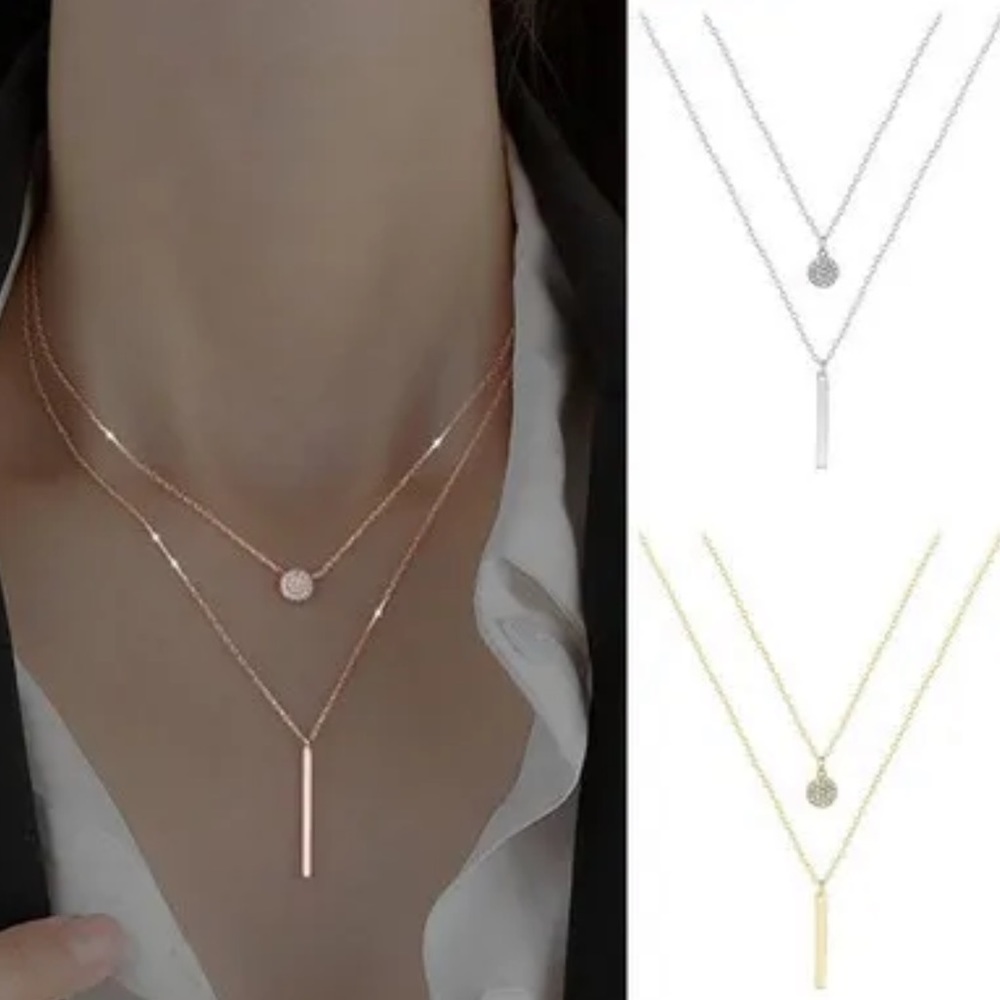 Gold double layer rhinestone long pendant Necklace - Picture 3 of 5